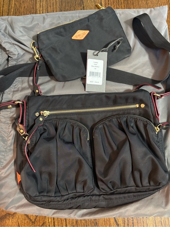 MZ Wallace Handbags - MZ Wallace Black Nylon Crossbody with Gold Hardware and Red Trim